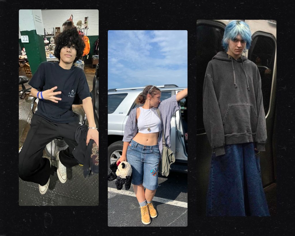 From left to right: Daniel Paz in a t-shirt and sweatpants, Kyra Hughley in a crop top and jeans, and Sage Primavera in a hoodie and baggy jeans