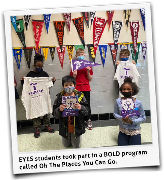 Students holding college gear